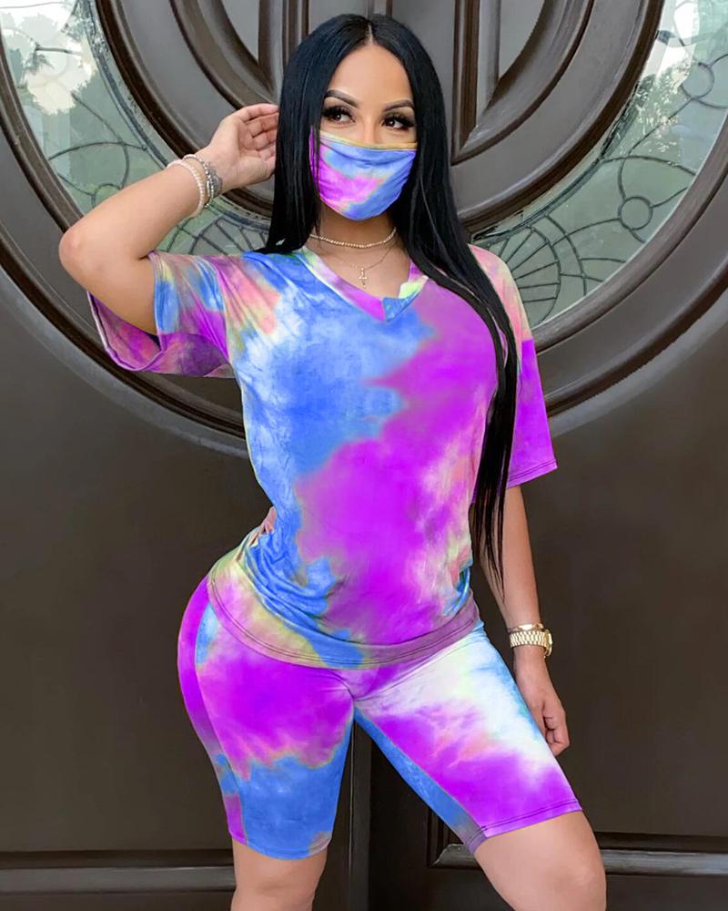 

Tie Dye Print Short Sleeve Top & Shorts Set With Bandana, Purple