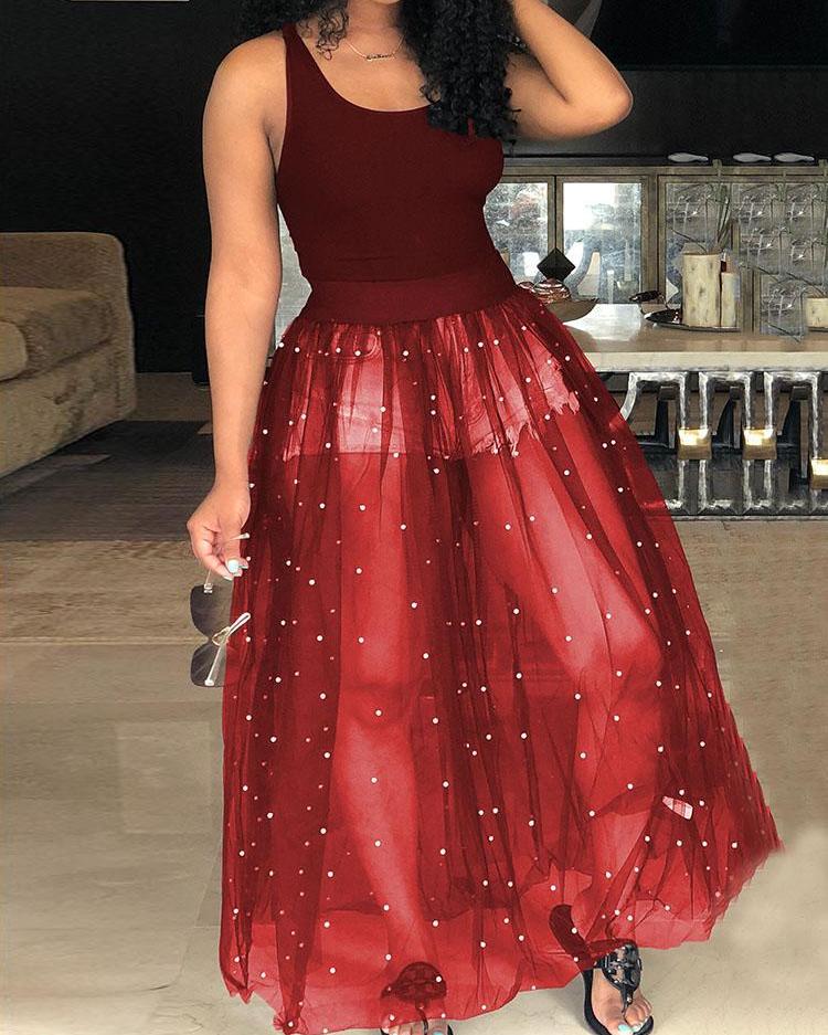 beading mesh splicing pleated maxi dress