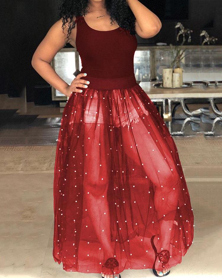 beading mesh splicing pleated maxi dress