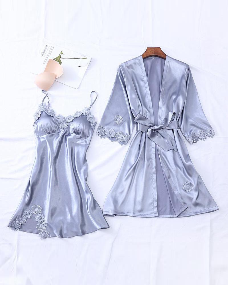 

Lace Trim Robe & Camisole Set, Gray