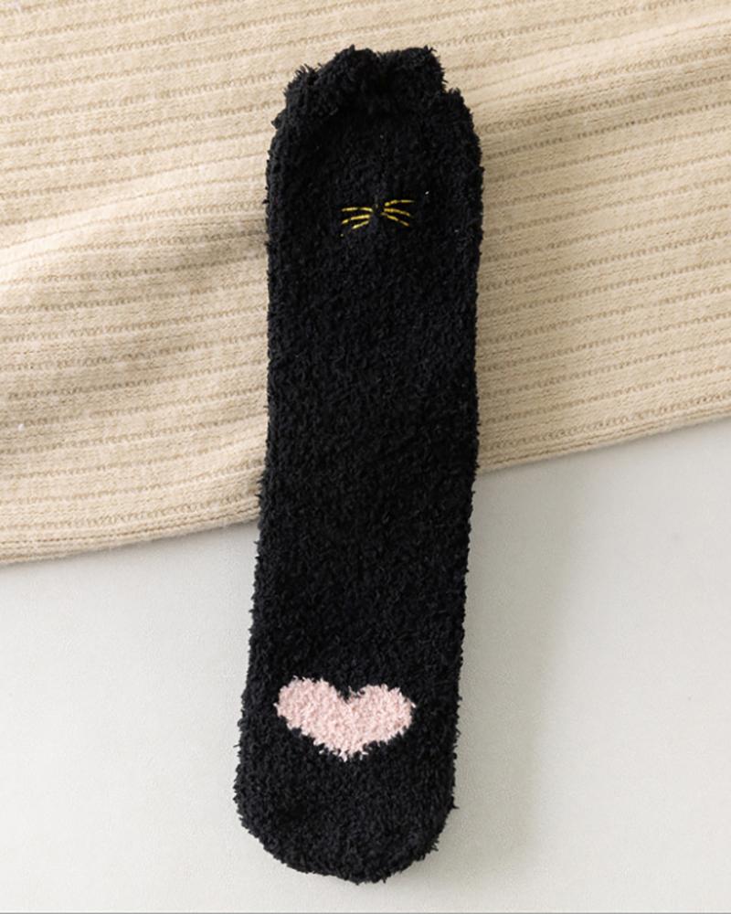 

1Pair Cat Paw Heart Print Fuzzy Socks, Black
