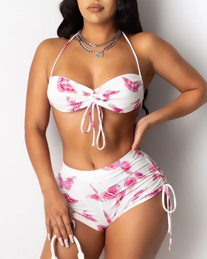 

Butterfly Tie Dye Print Halter Backless High Waist Bikini Sets, White