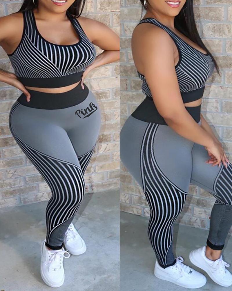 

Letter Print Colorblock Crop Top & Pants Set, Gray
