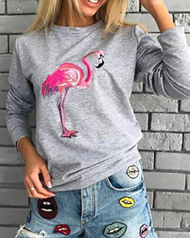 

Flamingo Print Lined Long Sleeve Top, Gray