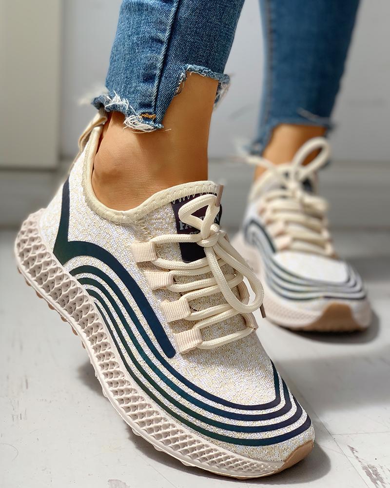 

Striped Lace-Up Muffin Casual Sneakers, Beige