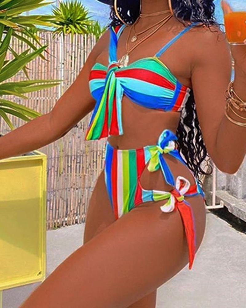 

Colorblock Striped Tie Side Bikini Set, Multicolor