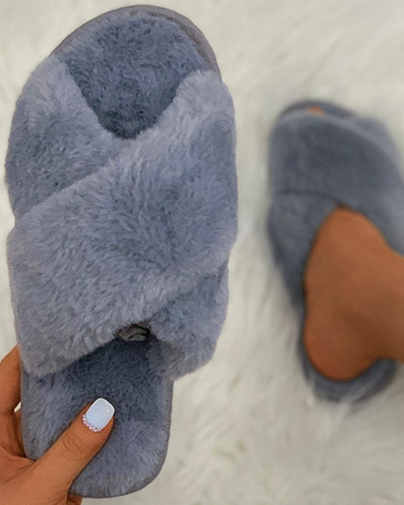 

Plain / Colorblock Bandage Fluffy Slippers, Gray