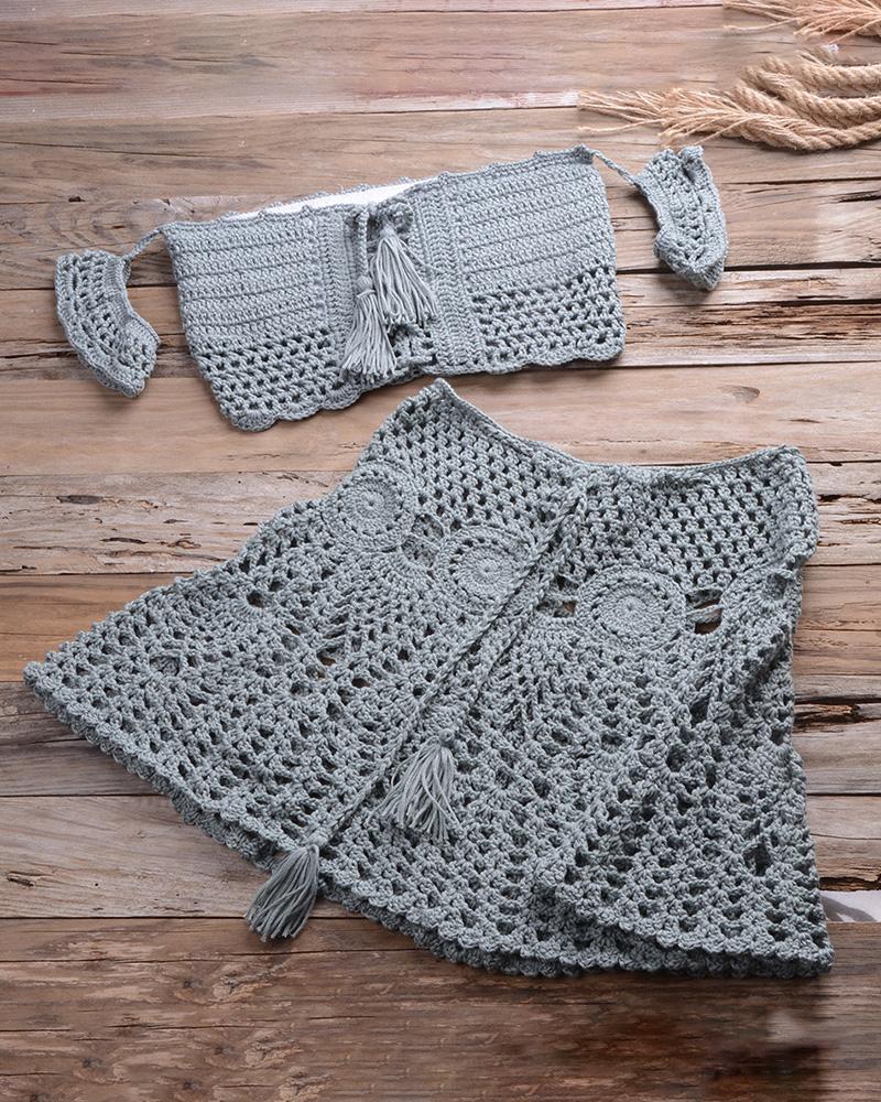 

Hollow Out Tassel Design Crochet Tankini Set, Gray