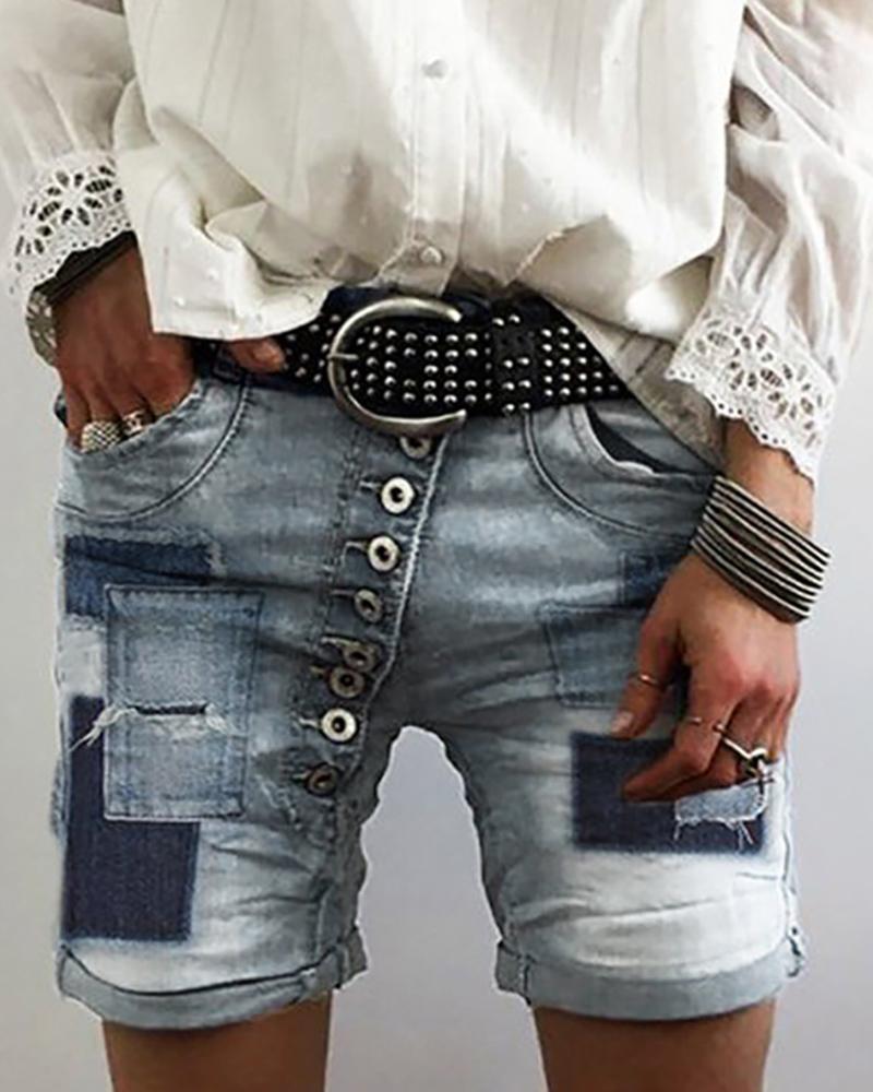 

Buttoned Pockets Casual Denim Shorts, Light blue