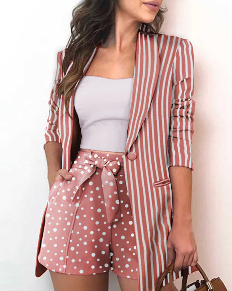

Striped Blazer Coat & Dot Print Shorts Sets, Pink