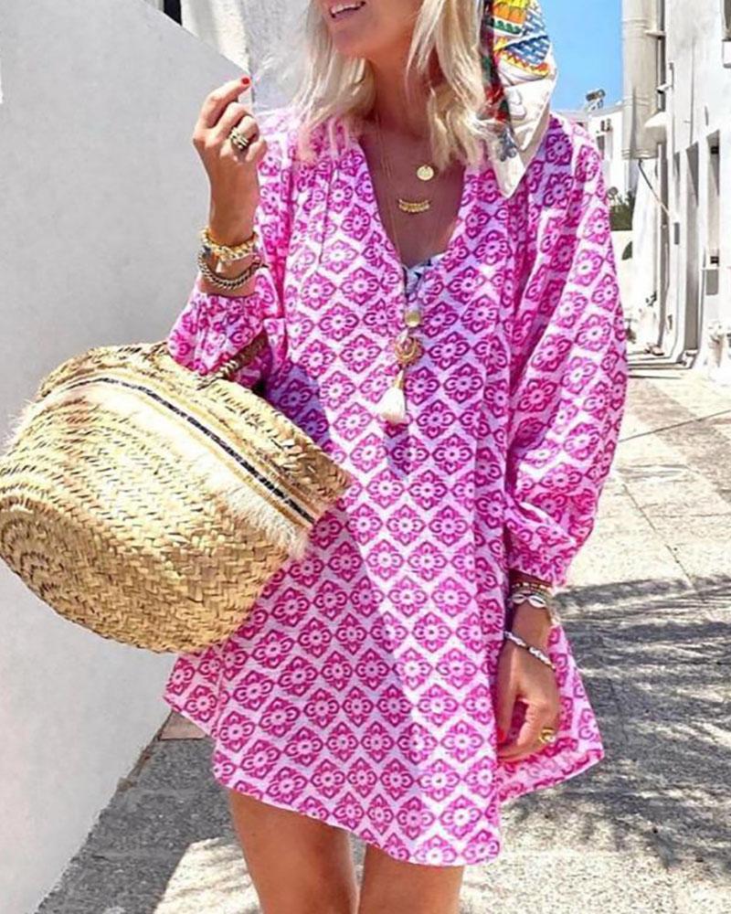 

All Over Print Long Sleeve Casual Dress, Pink
