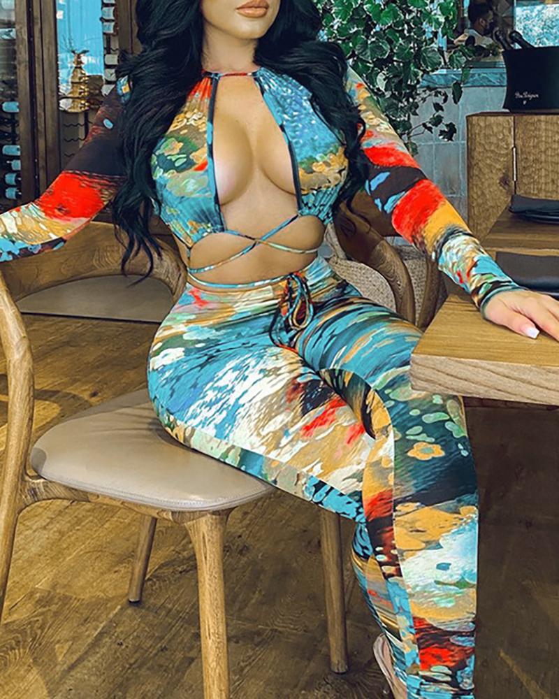 

All Over Front Cutout Backless Lace-up Jumpsuit, Blue