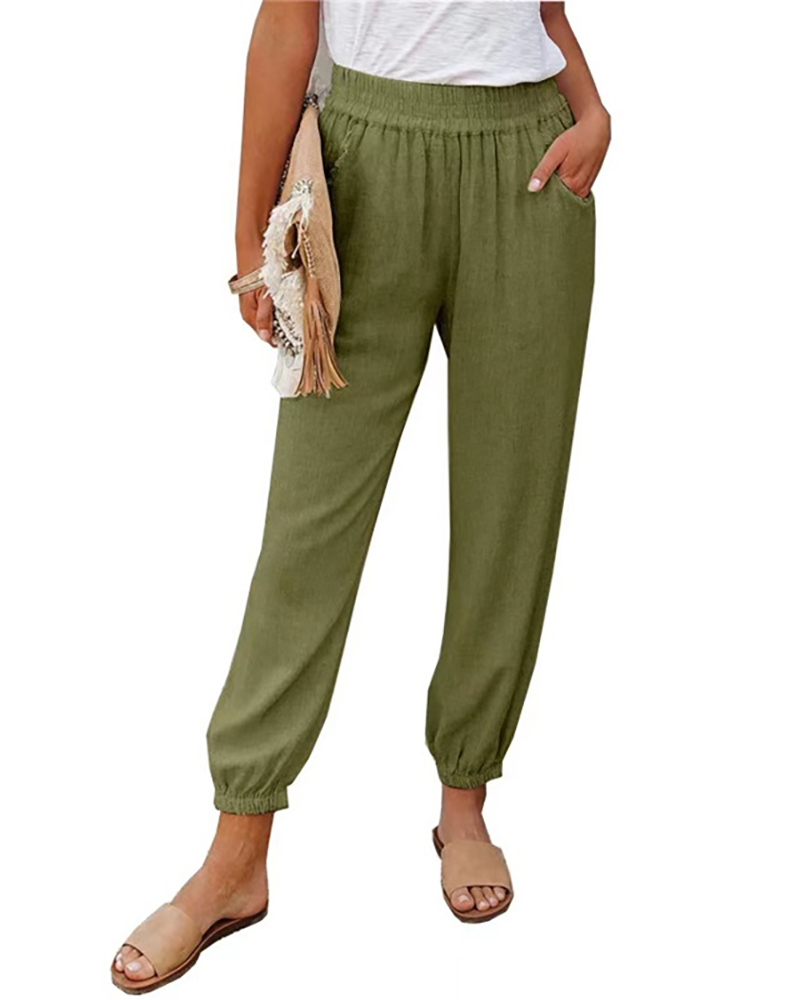 

Pocket Design High Waisted Cuffed Csual Pants, Army green
