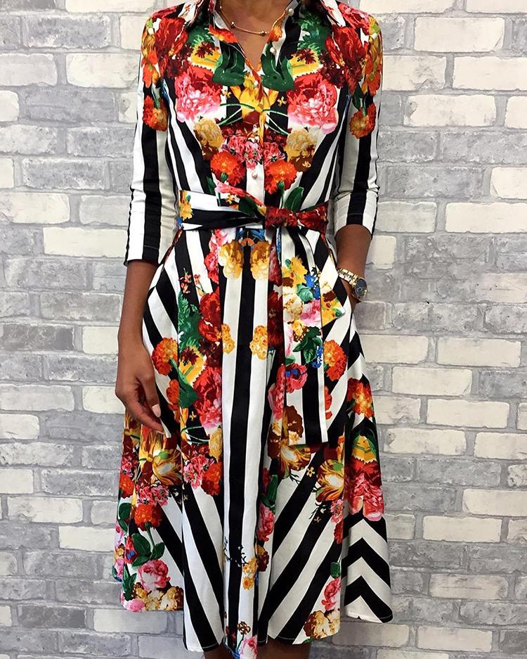 Floral & Striped Print Half Sleeve Shirt Dress