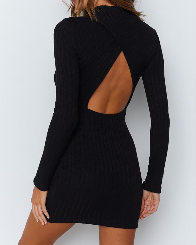 

Plain Cutout Open Back Long Sleeve Knit Women Dress, Black