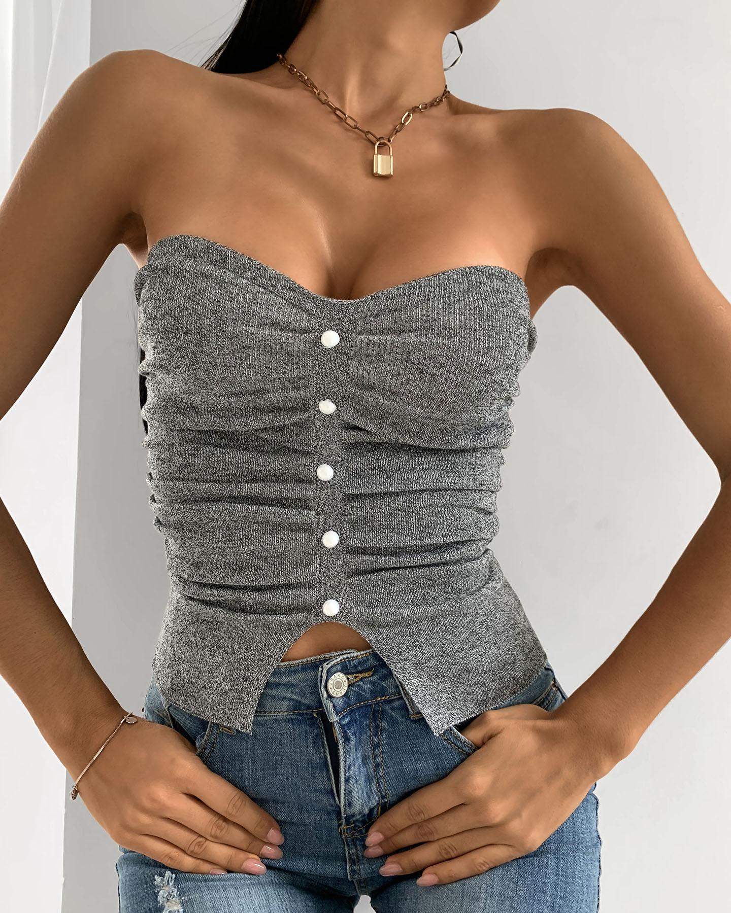 

Bandeau Buttoned Design Ruched Crop Top, Gray