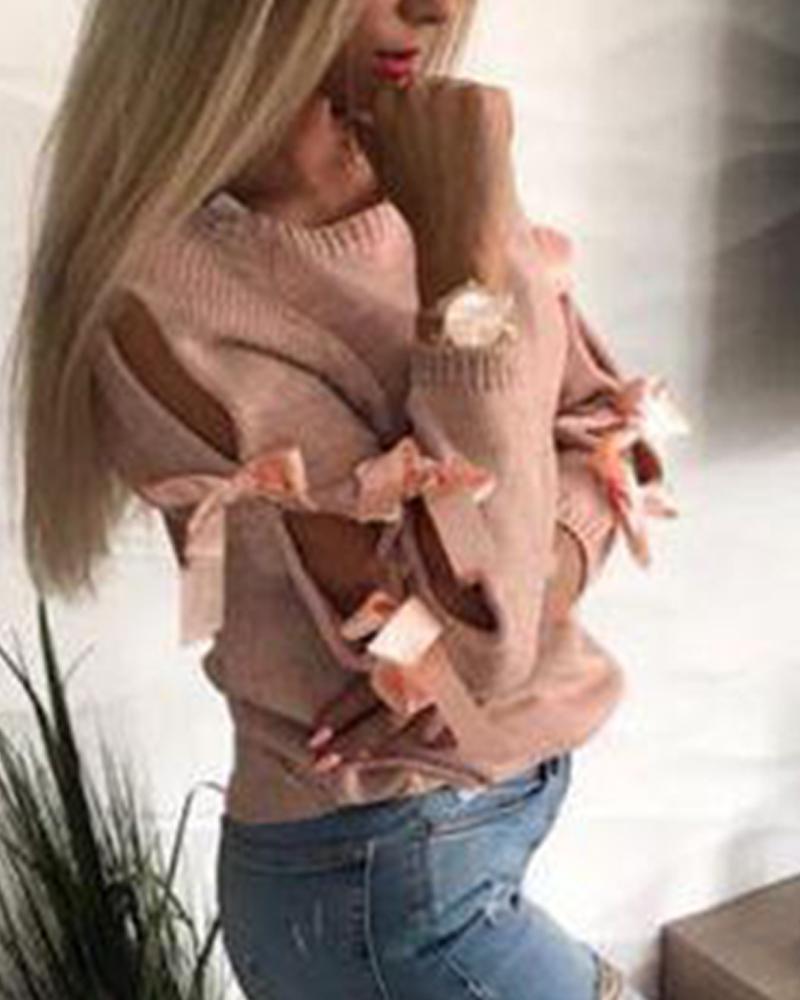 

Crew Neck Tie-Up Sleeve Sweater, Pink