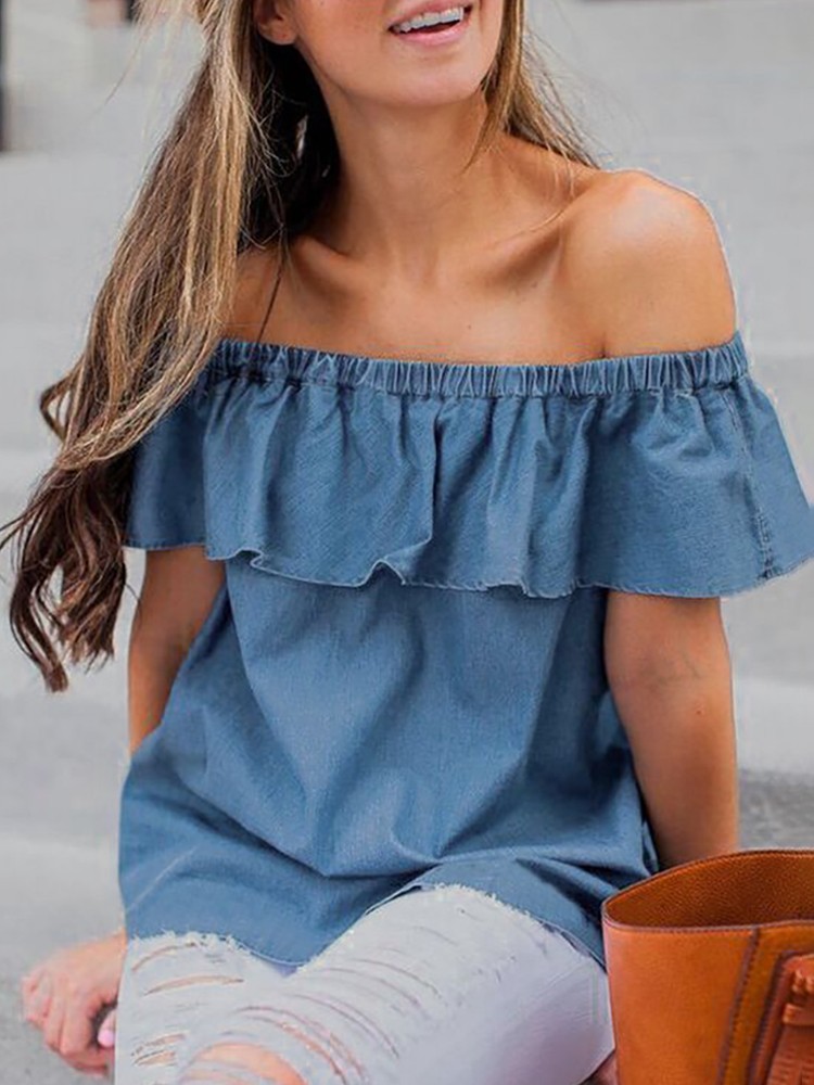off the shoulder denim shirt dress