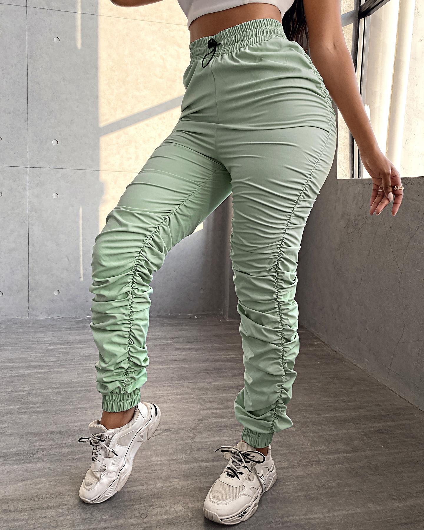 

Plain Ruched High Waist SweatPants, Green