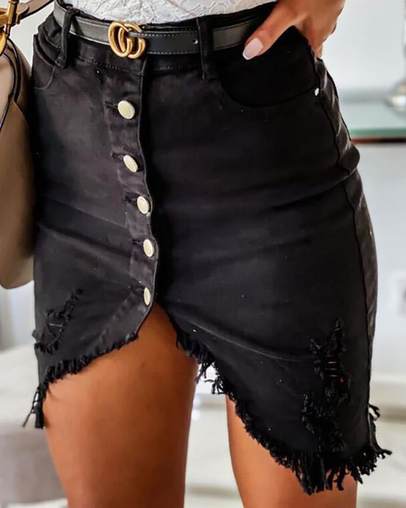 

Buttoned Pocket Design Fringe Hem Denim Skirt Without Belt, Black