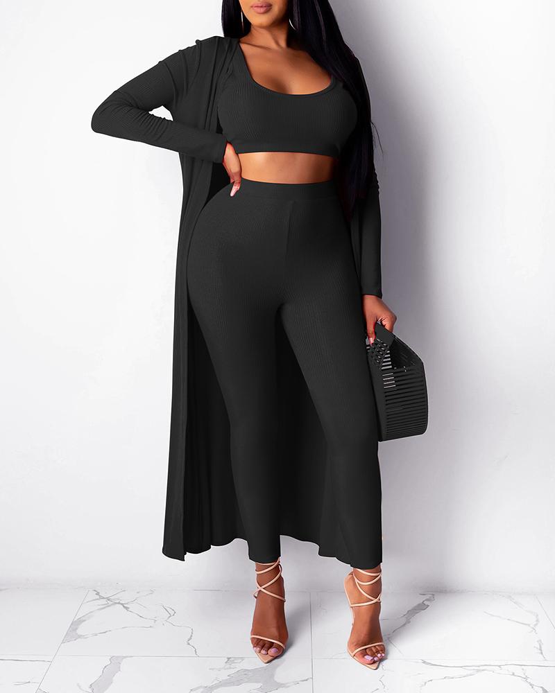 

Plain Crop Top & Longline Cardigan & High Waist Pants Set, Black