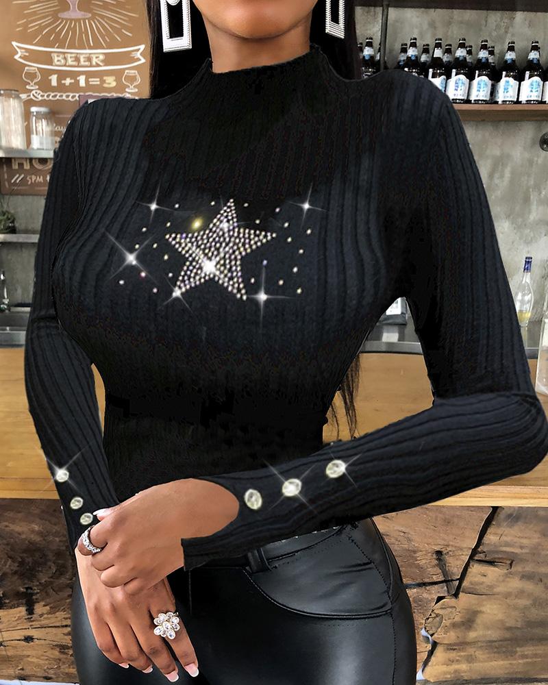 

Studded Star Pattern Button Design Long Sleeve Top, Black