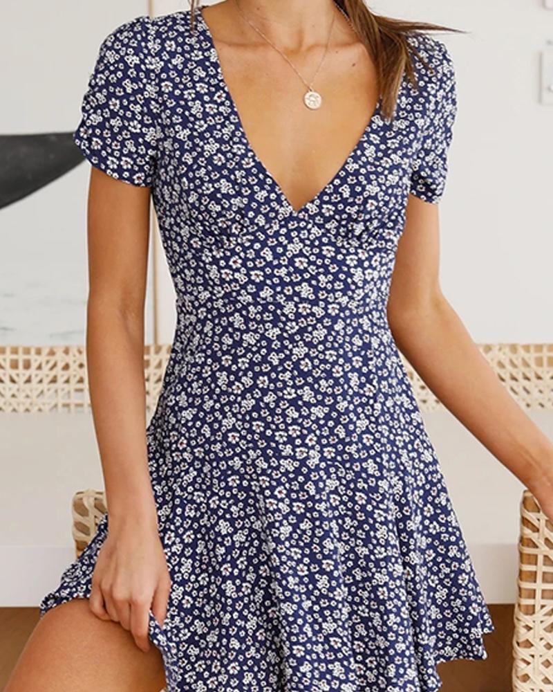 

Flower Print Short Sleeve A-line Dress, Blue