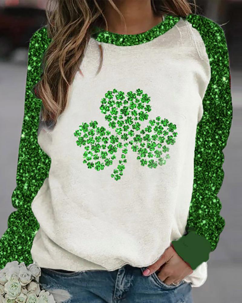 

Clover Print Colorblock Long Sleeve Casual T-shirt, Green