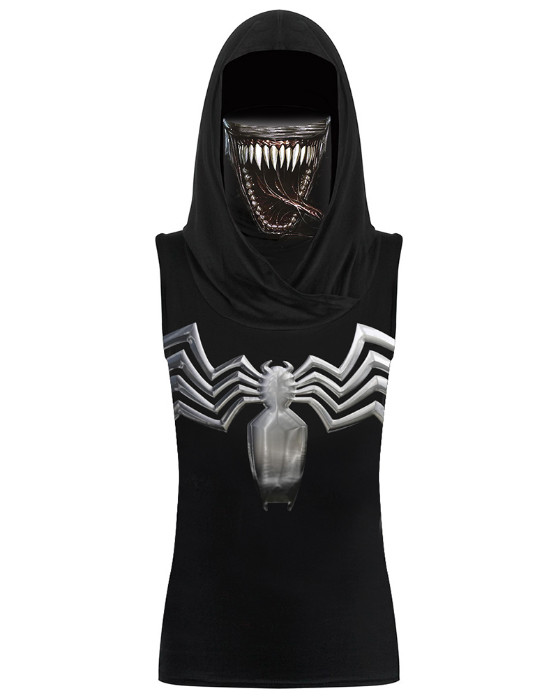 

Spider Graphic Hooded Tank Top With Ear Loop Face Bandana, Black