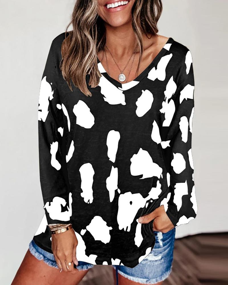 

Cheetah Print Colorblock Long Sleeve Casual Top, Black