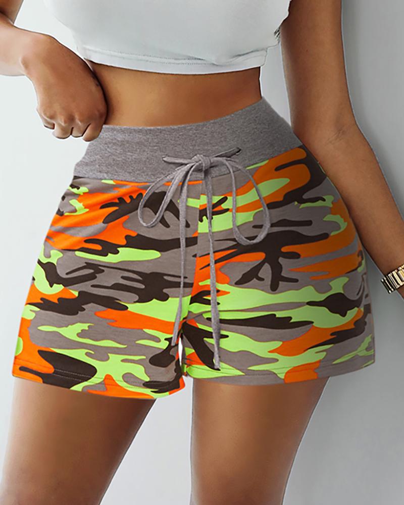 

Camouflage Print High Waist Casual Shorts, Orange