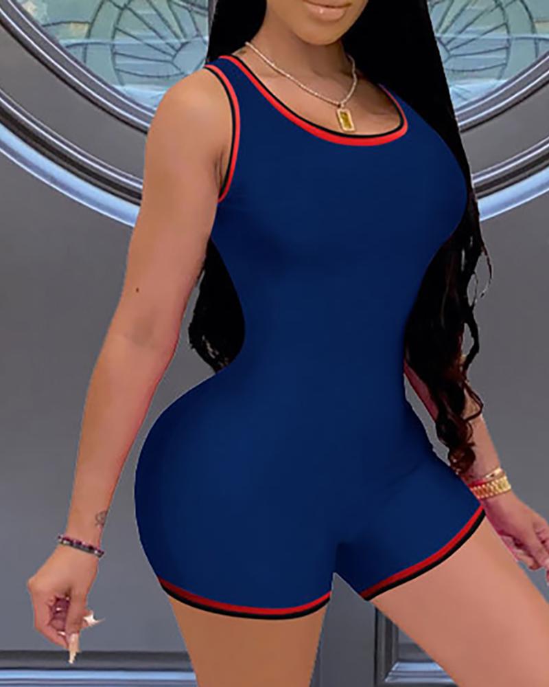 

Colorblock U Neck Skinny Romper, Purplish blue