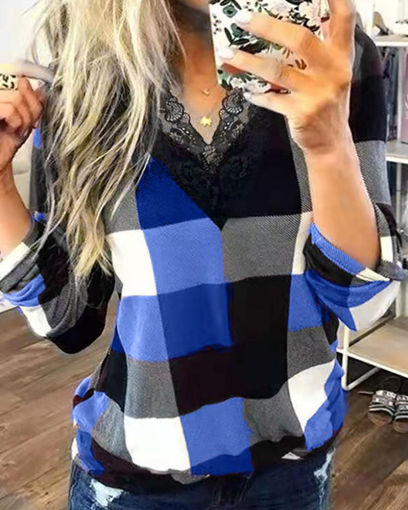 

Plaid Lace Trim Long Sleeve Top, Blue
