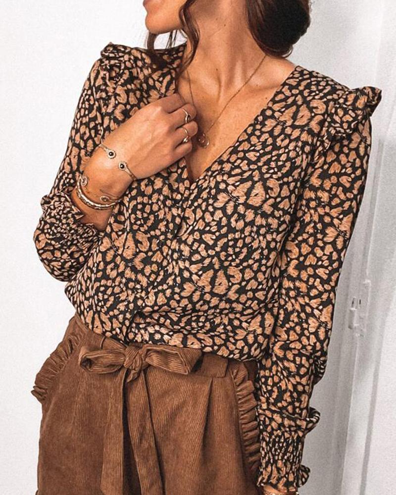 

All Over Print Long Sleeve Women Blouse, Coffee