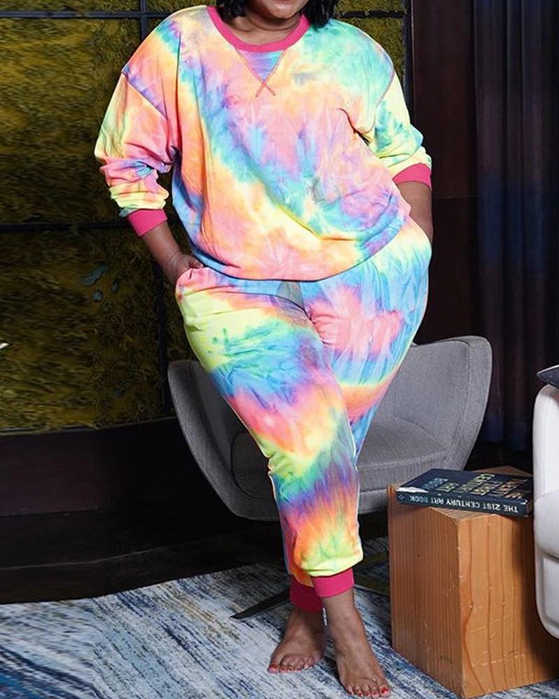 

Plus Size Tie Dye / Cheetah Print Top & Pants Set, Multicolor