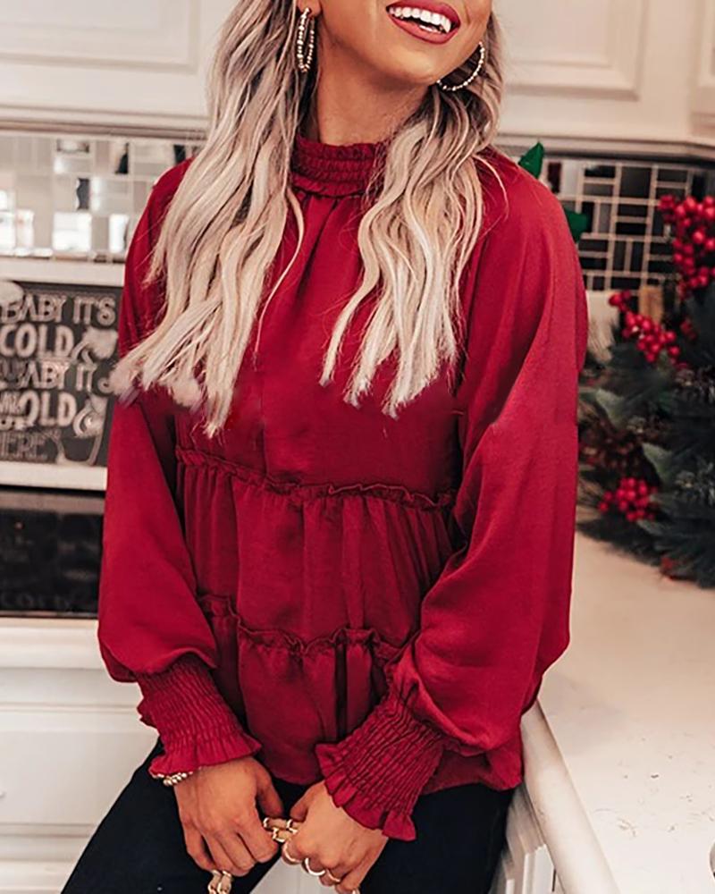 

Plain Long Sleeve Ruched Blouse, Red