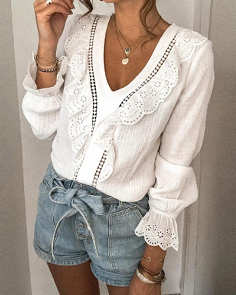 

Solid Lace Cut-out Long Sleeve Blouse, White