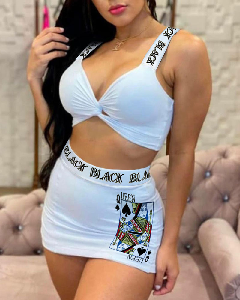 

Poker Patterns Print Strap Tanks With Mini Skirts Skirt Sets, White