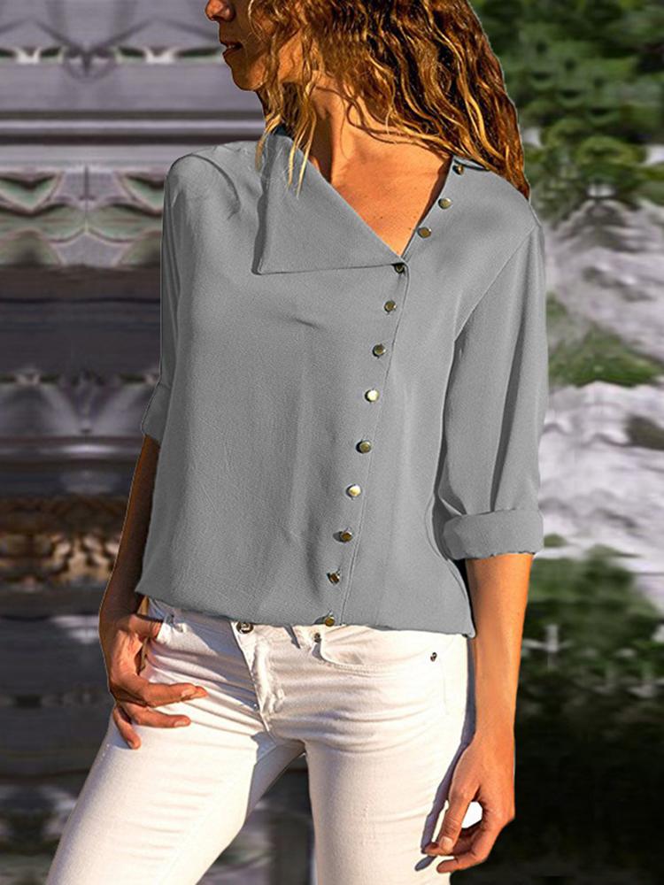 

Solid Button Embellished Casual Blouse, Gray