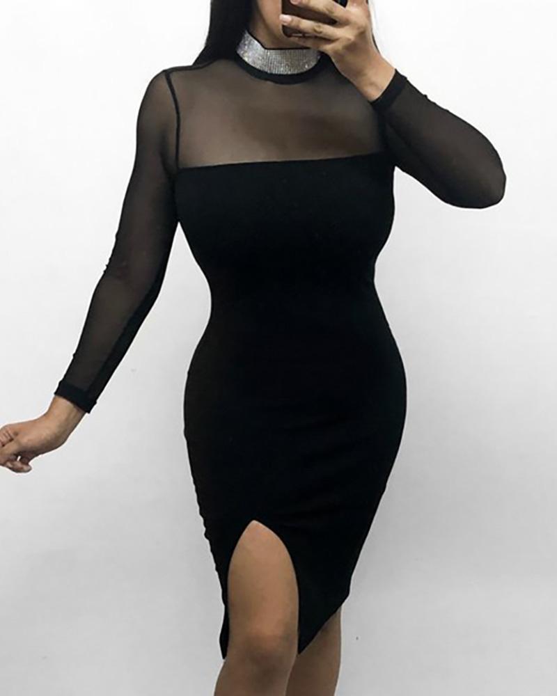

Glitter Neck Mesh Insert Slit Bodycon Dress, Black