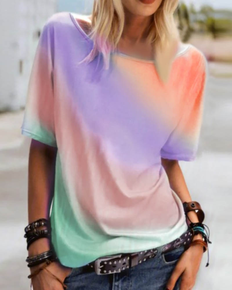 

Round Neck Colorblock Short Sleeve Casual T-shirt, Orange