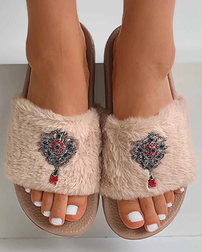 

Studded Open Toe Fluffy Slippers, Khaki