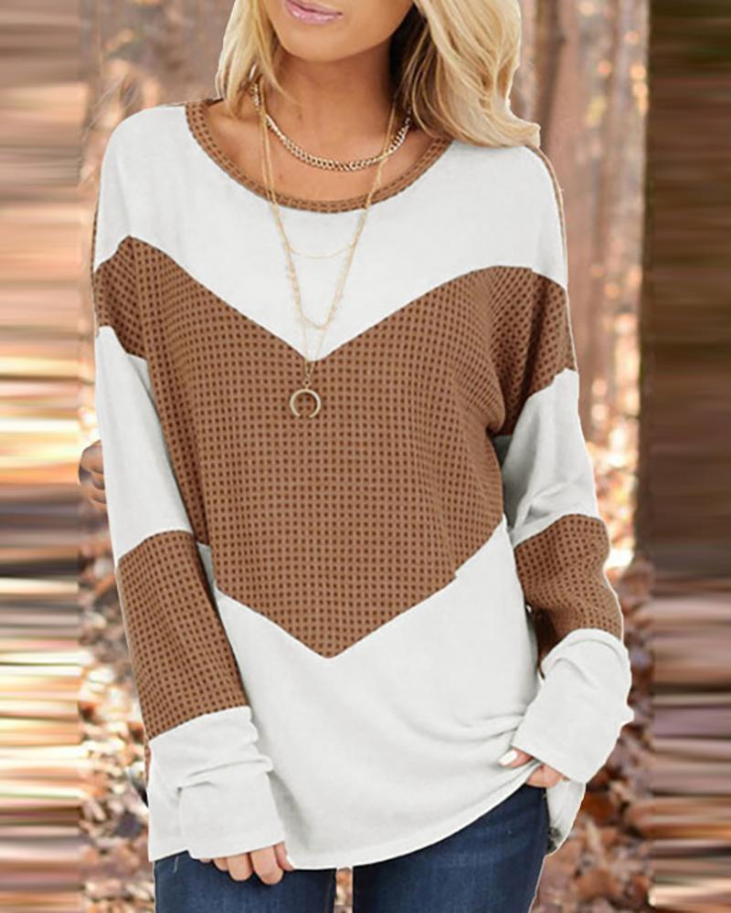 

Colorblock Long Sleeve Casual Women Top, Brown