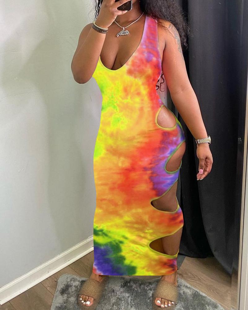 

Tie Dye Print Cutout Thick Strap Maxi Dress, Yellow