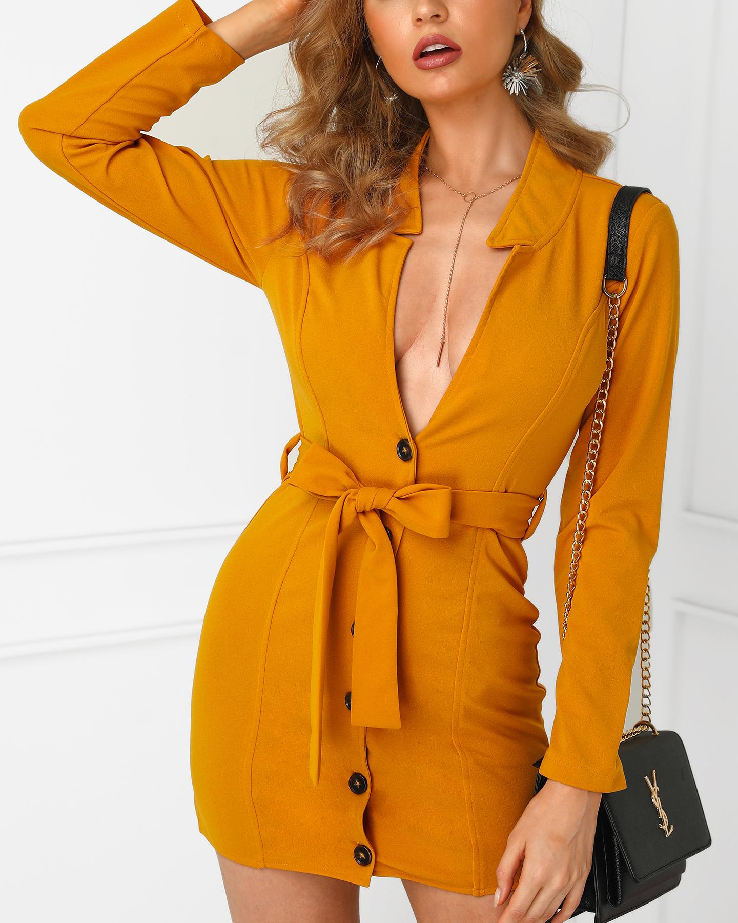 

Long Sleeve Plunge Buttoned Bodycon Dress, Brown