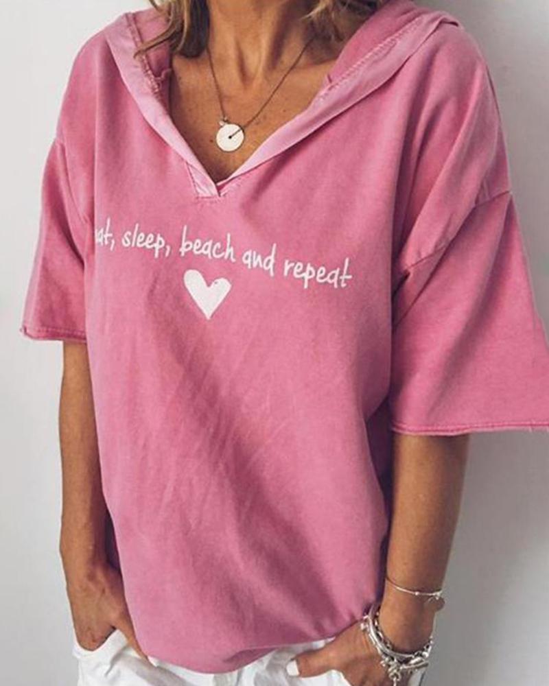 

Hooded Letter Print Casual T-shirt, Hot pink
