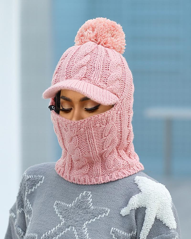 

Warm Neck Pom Pom Knit Hat Mask Beanie, Pink