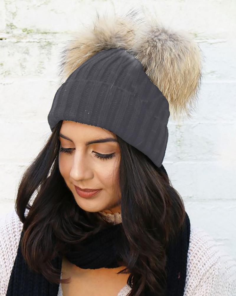 

Double Pom Pom Knit Cuffed Beanie, Gray