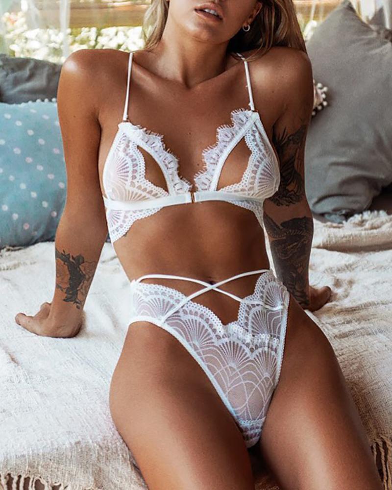 

Lace Eyelash Cut Out Design Lingerie Set, White