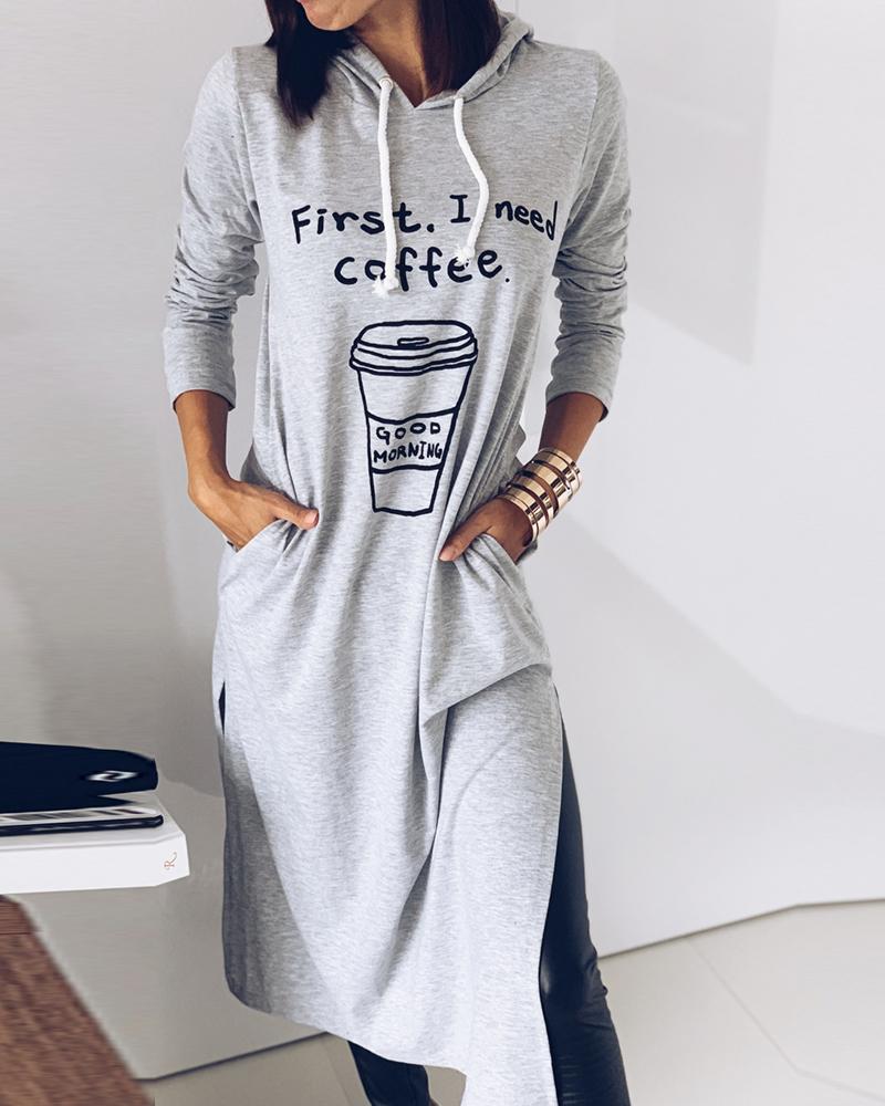 

Letter Print Pocket Design Long Sleeve Sweatshirt Dress, Gray